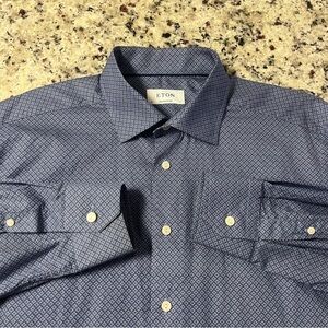 Eton, 100% Cotton, Blue Geometric, Button Up Shirt | Mens 17